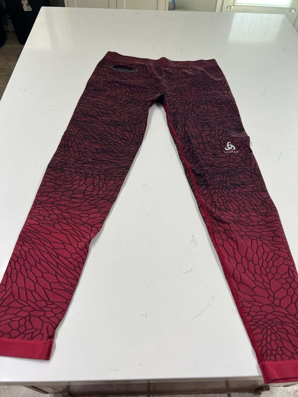 Odlo Performance Evolution Warm Base Layer Leggings Red Black Pattern Size L